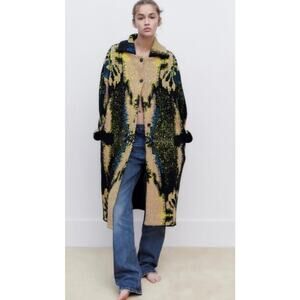 ZARA WOMAN MULTICOLORED JACQUARD KNIT LONG SWEATER COAT SIZE XS. Rare